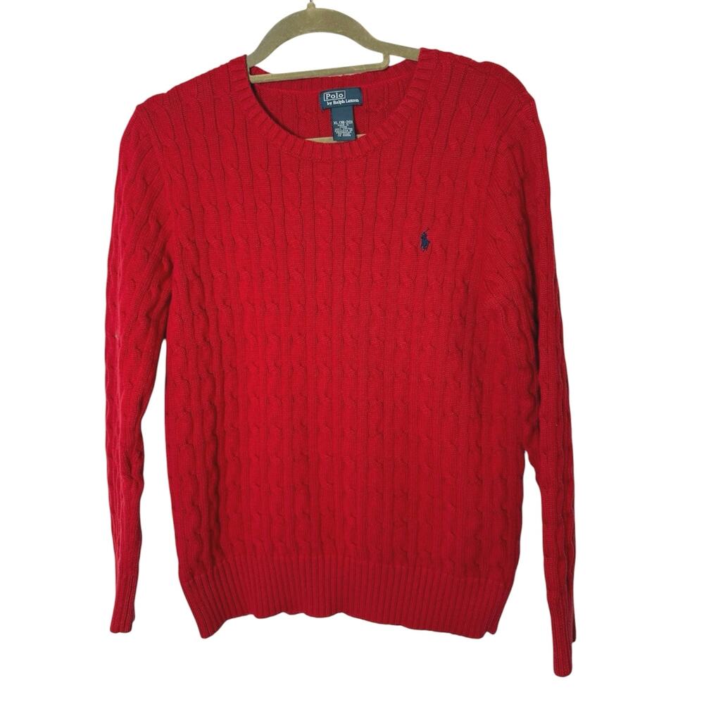 Polo Ralph Lauren XL 18/20 Boys Red Cable Knit Crew Neck Sweater Preppy Holiday